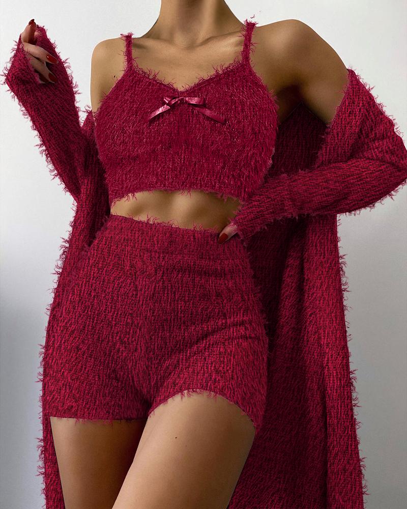 

3PCS Bow Decor Fluffy Pajamas Set With Longline Coat, Wine red