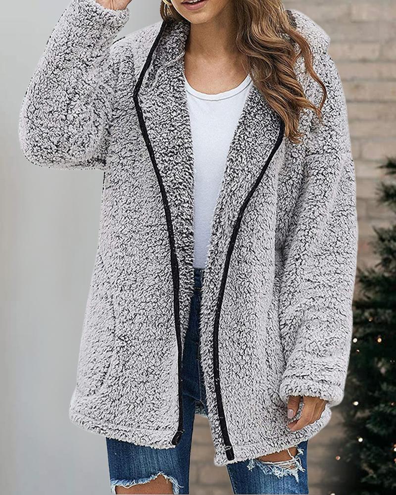 

Long Sleeve Hooded Teddy Coat, Gray