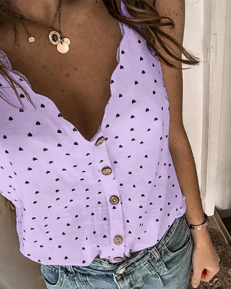 

Heart Print Button Design Tank Top, Purple