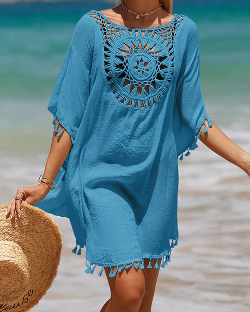 

Hollow Out Geometric Pattern Tassel Design Cover Up Dress, Blue