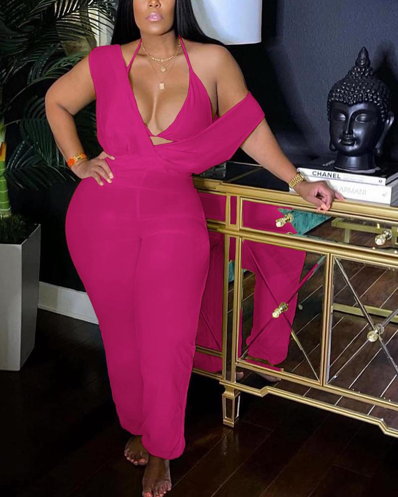 

Plunge Sleeveless Cuffed Jumpsuit With Bralette, Rose red