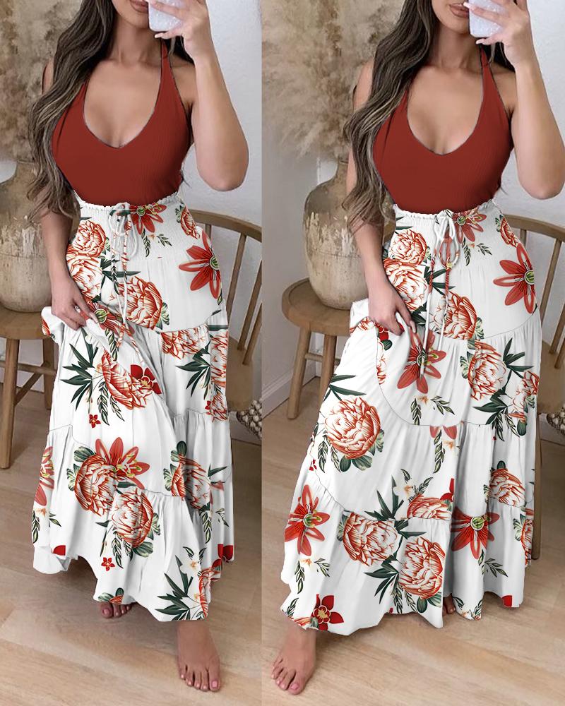 

Floral Print High Waist Maxi Skirt, Red