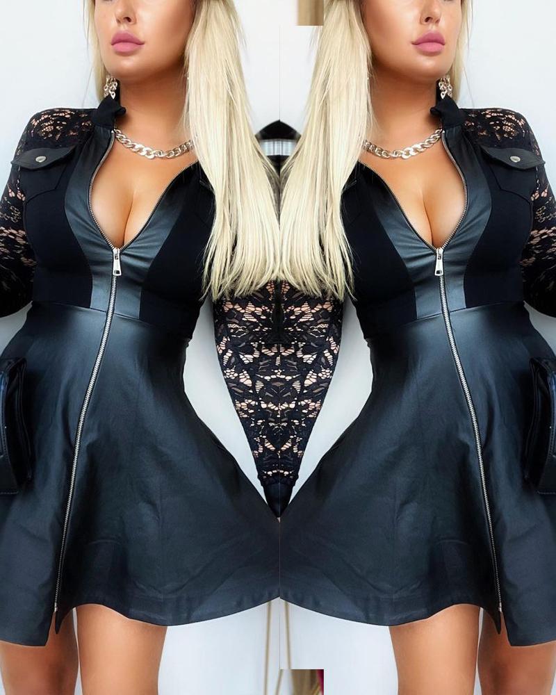

Contrast Lace Long Sleeve Zip Front PU Leather Dress, Black