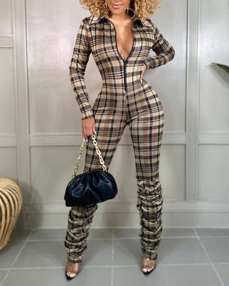 

Plaid Print Zip Front Stacked Skinny Jumpsuit, Multicolor