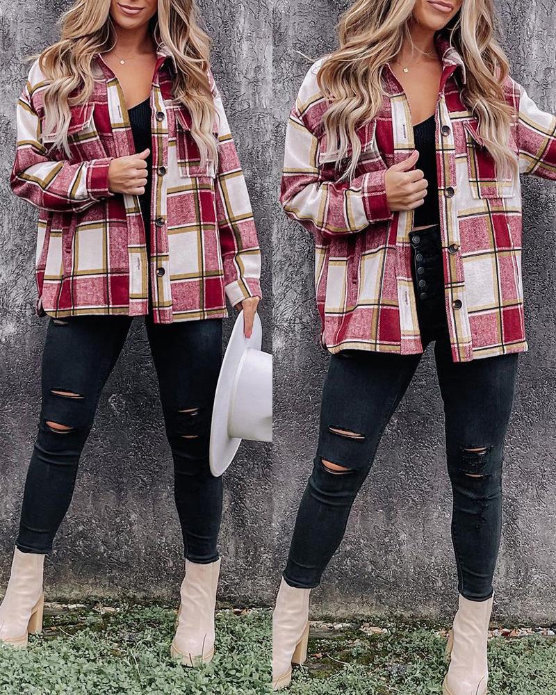 

Plaid Print Long Sleeve Button Down Shacket, Red