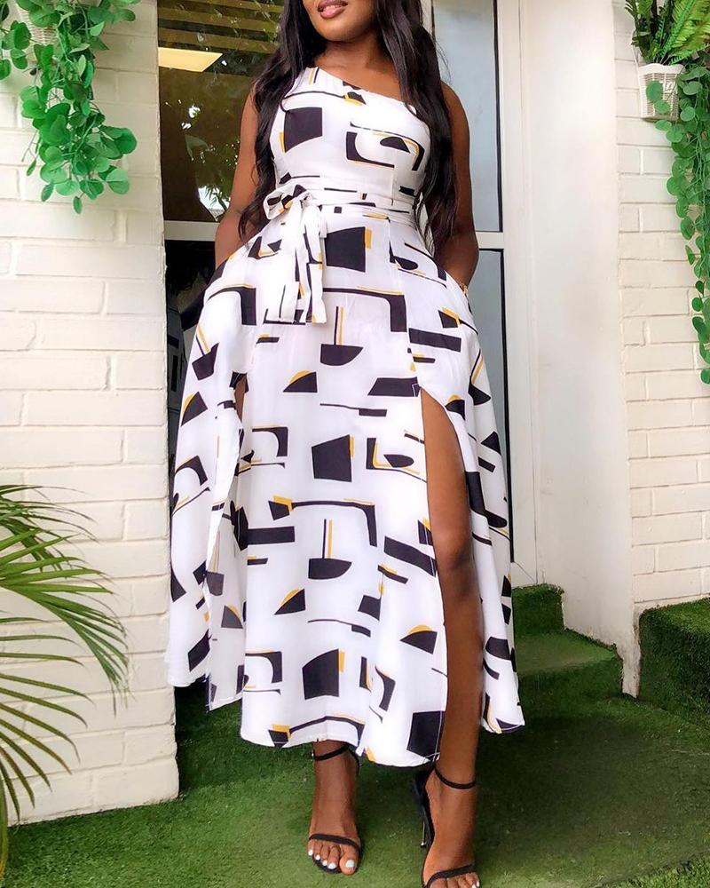 

One Shoulder Colorblock High Slit Dress, White