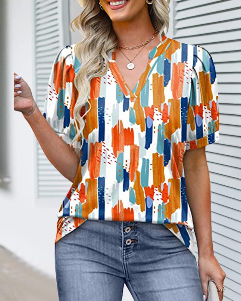 

Abstract Print Puff Sleeve Notch Neck Casual Summer T-shirt, Multicolor