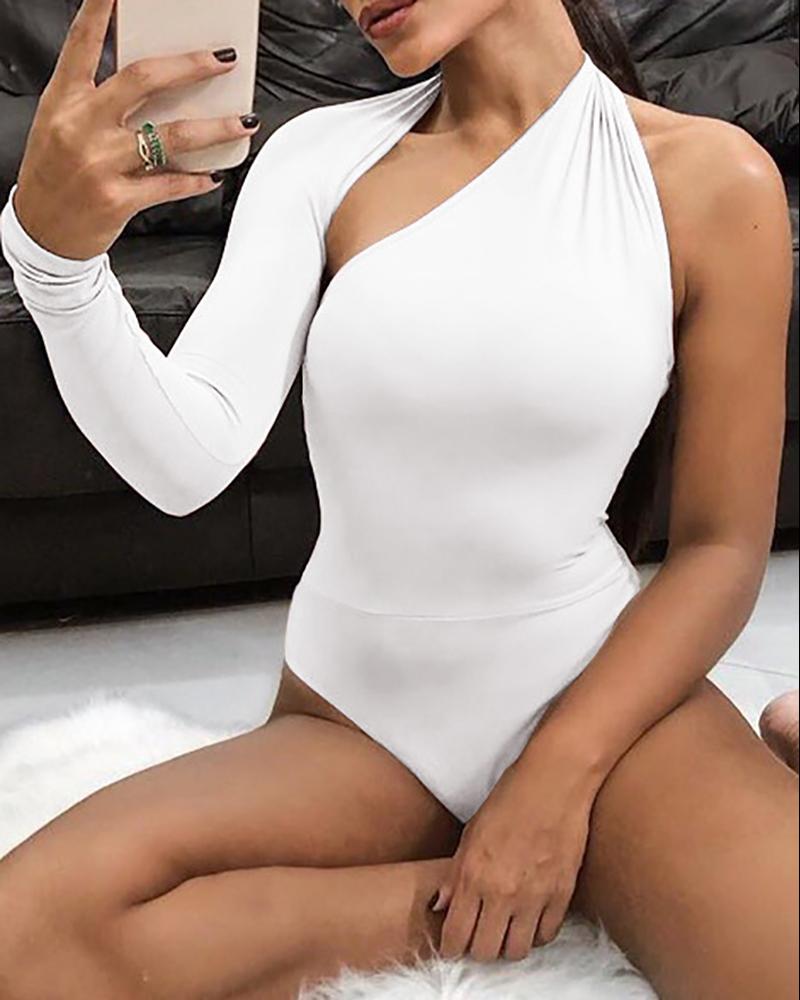 

Asymmetrical Neck Long Sleeve Skinny Bodysuit, White