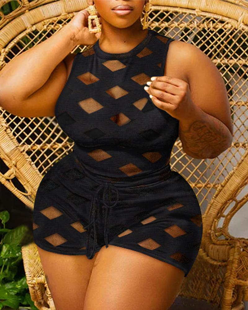 

Plus Size Contrast Mesh Tank Top & Drawstring Shorts Set, Black