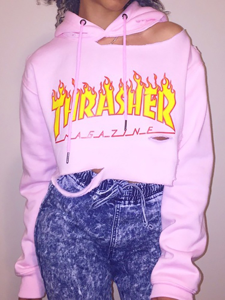 Fashion Letter Print Cut Out Hoodie Sweatshirt