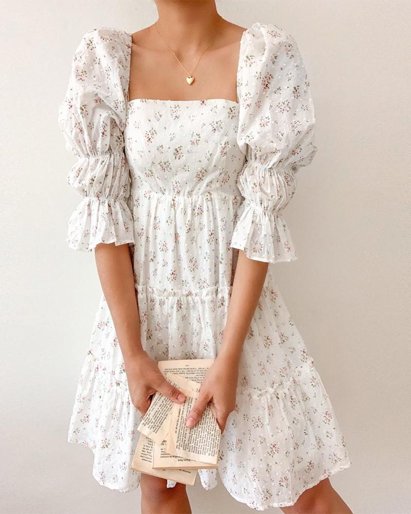 

Floral Print Puff Sleeve Ruffle Hem Mini Dress, White