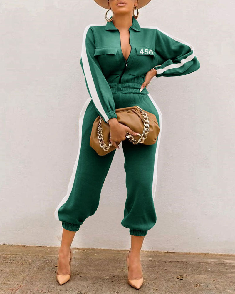 

Side Striped Letter Print Zip Front Long Sleeve Jumpsuit, Green