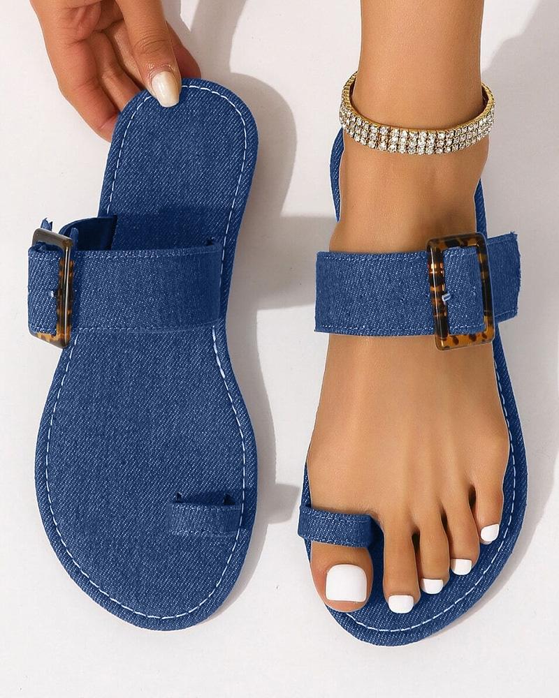 

Denim Look Print Buckled Summer Beach Flip Flops, Blue