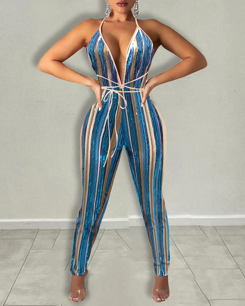 

Striped Halter Sequins Tied Detail Jumpsuit, Blue