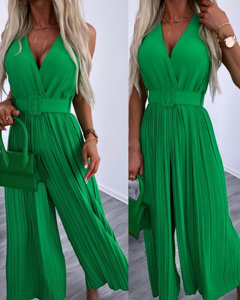 

V-Neck Wide Leg Pleated Jumpsuit, Green