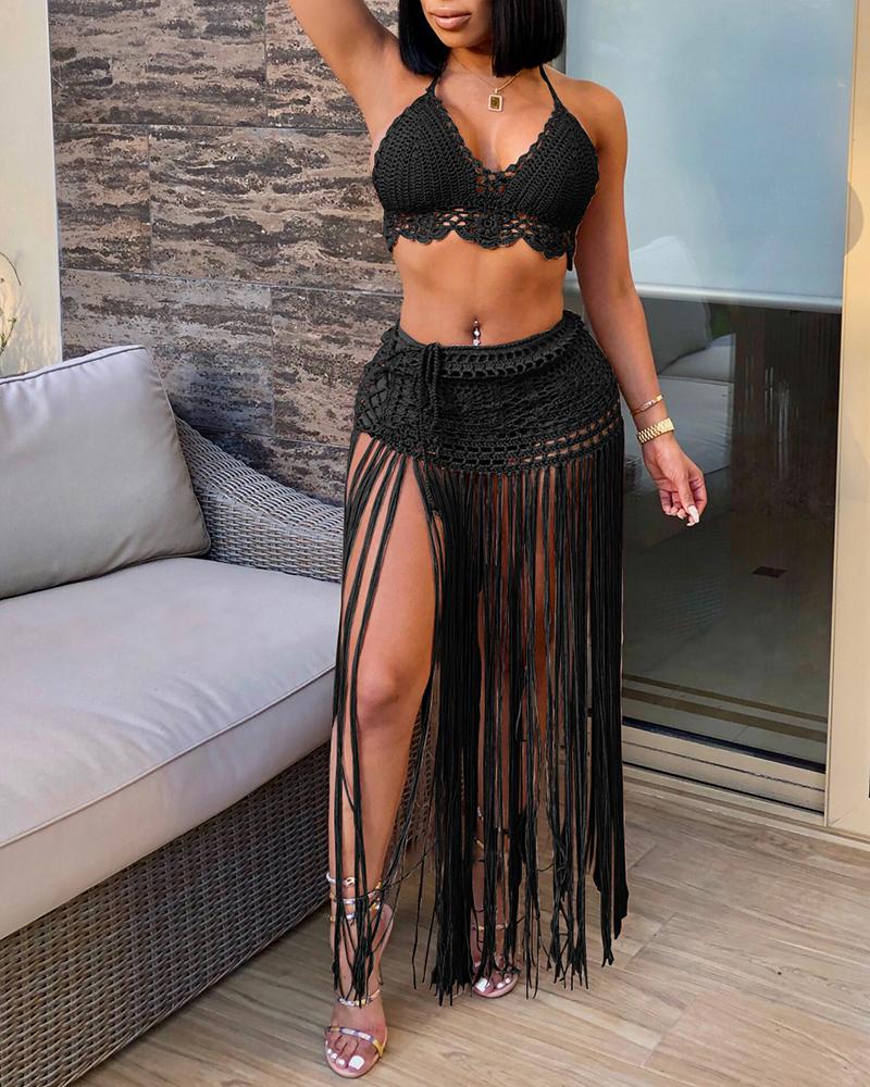 

Halter Tassel Design Cover Up Set, Black