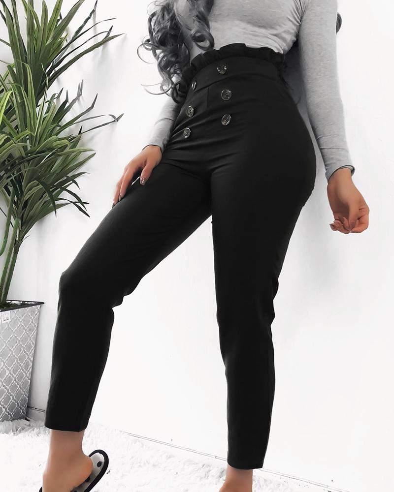 

Frill Hem Button Decor Skinny Pants, Black