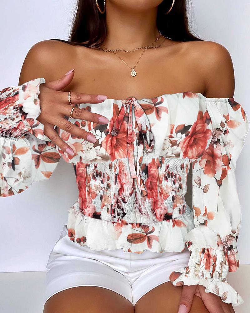 

Off Shoulder Strap Floral Print Casual Blouse, Red