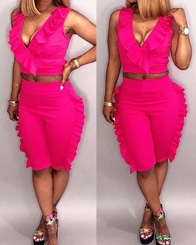 

Ruffles Trim Tie Back Crop Top & Shorts Sets, Hot pink