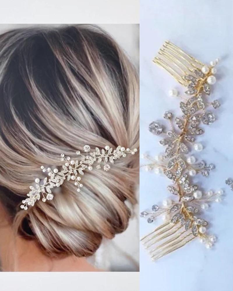 

1pc Wedding Bridal Hair Comb Clip Leaf Pearl Hairpin Crystal Rhinestone Jewelry Headpiece, Gold