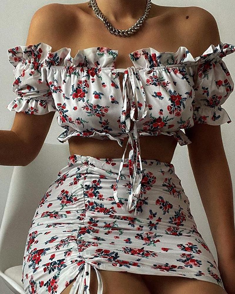 

Floral Print Off Shoulder Crop Top & Drawstring Skirt Sets, White