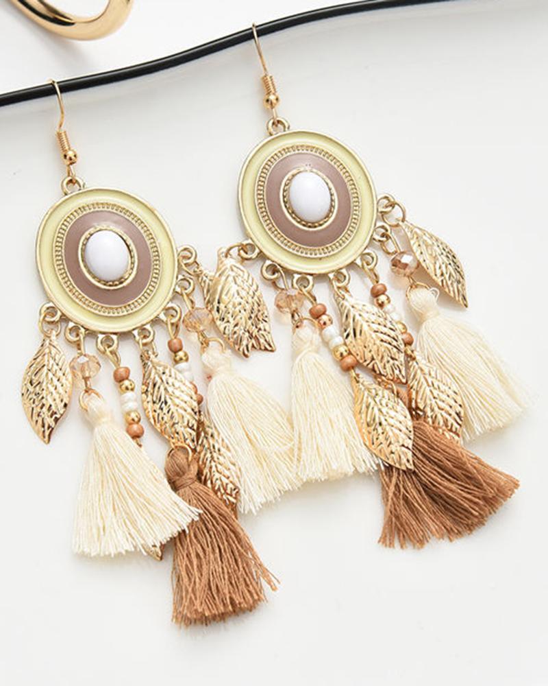 

1Pair Bohemian Vintage Leaf Tassel Design Hook Earrings, White