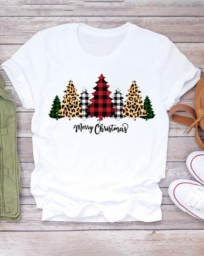 

Christmas Tree Letter Plaid Cheetah Pattern Print Short Sleeve Top, Style2