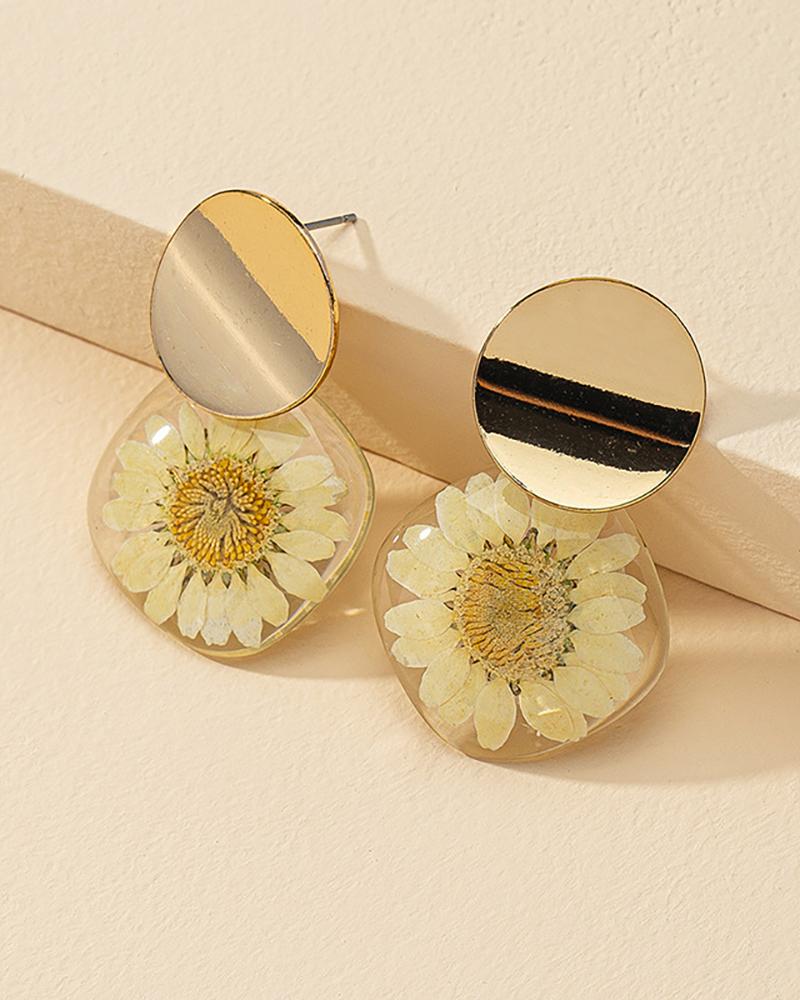 

1Pair Disc Pressed Dry Flower Drop Dangle Earrings, Gold