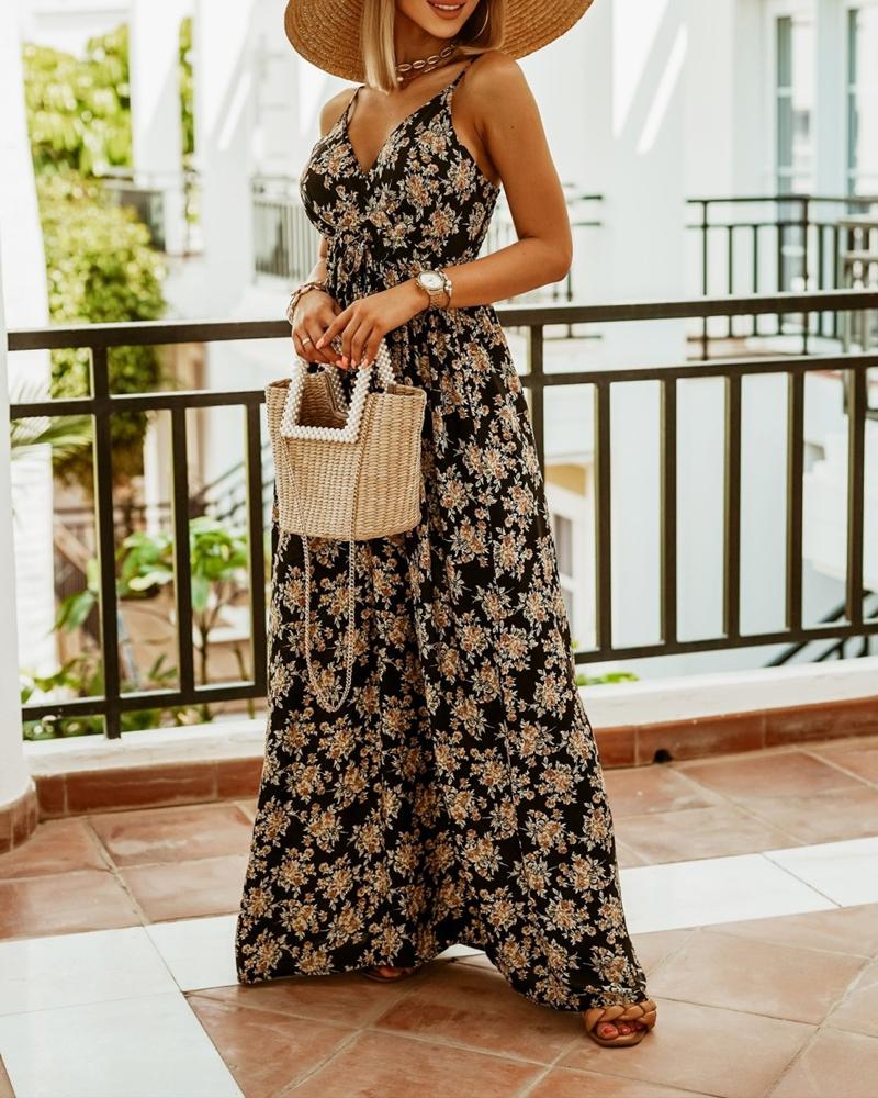 

Floral Print Shirred Spaghetti Strap Maxi Dress, Black