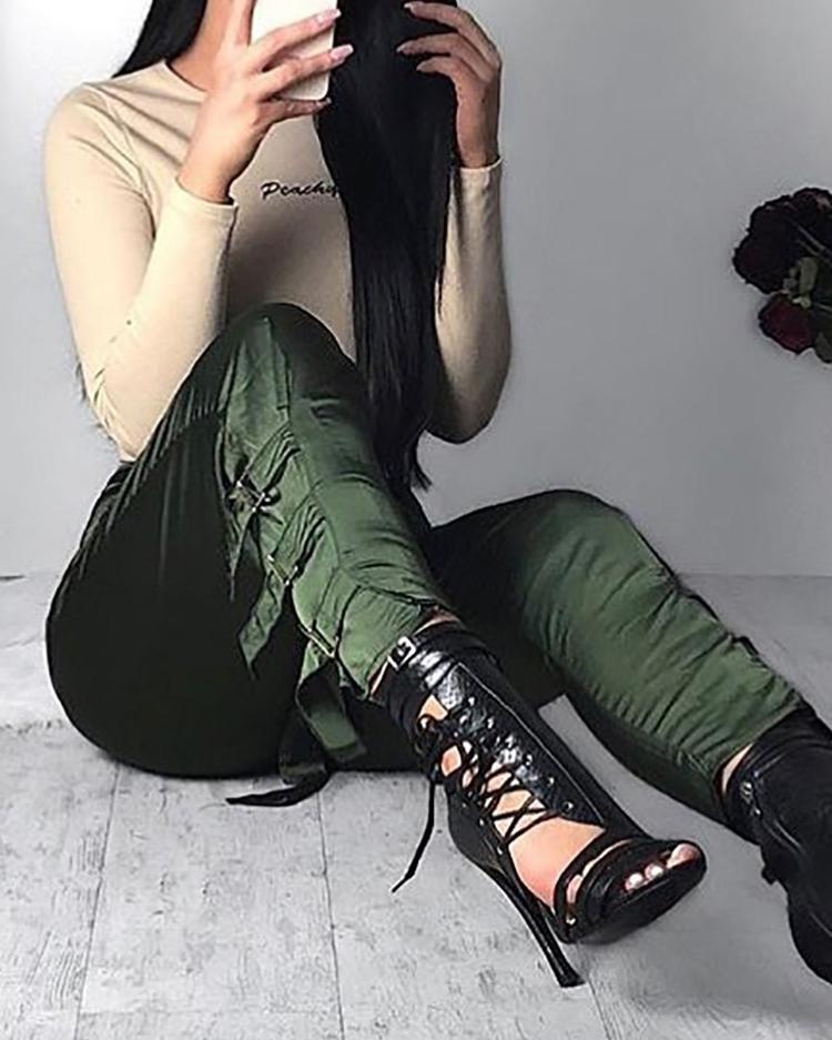 

Casual Buckle Pocket Tied Trousers, Green