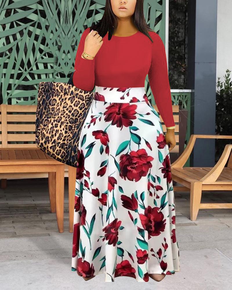 

Plus Size Floral Print Long Sleeve Maxi Dress, Red