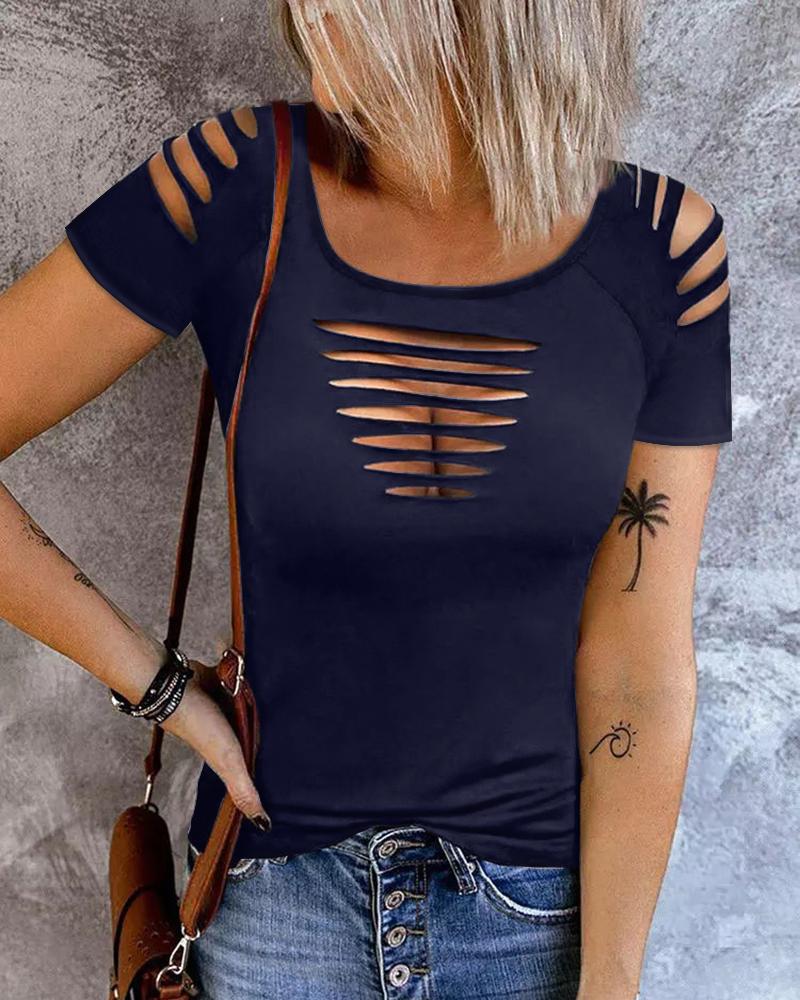 

Ladder Cutout Round Neck Casual T-shirt, Dark blue