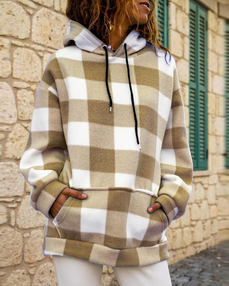 

Long Sleeve Plaid Print Pocket Design Hooded Sweatshirt, Khaki