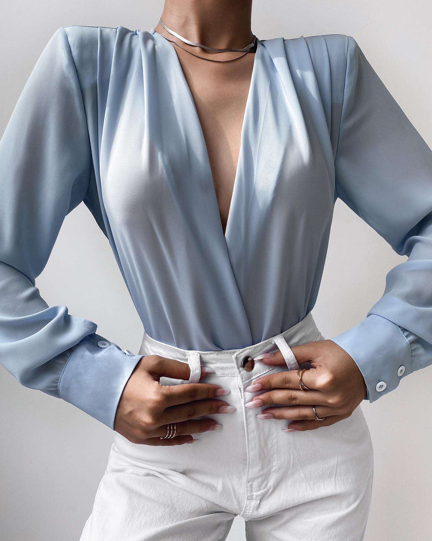

Surplice Neck Long Sleeve Ruched Top, Light blue