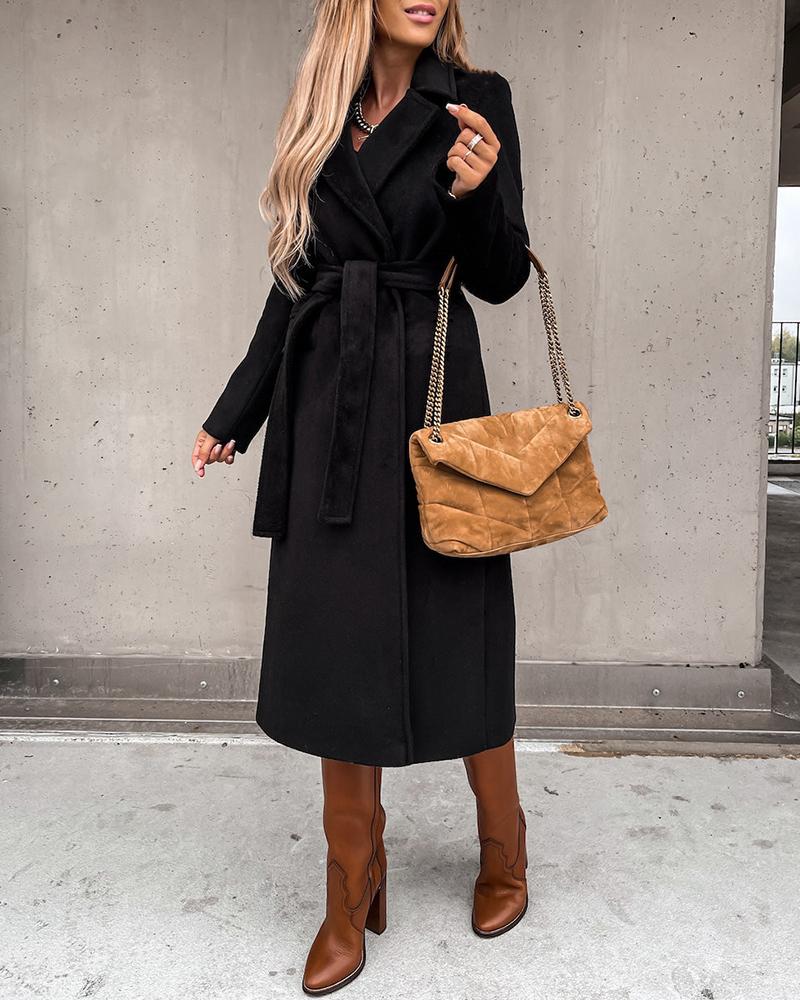 

Notched Collar Slit Overcoat With Belt, Black