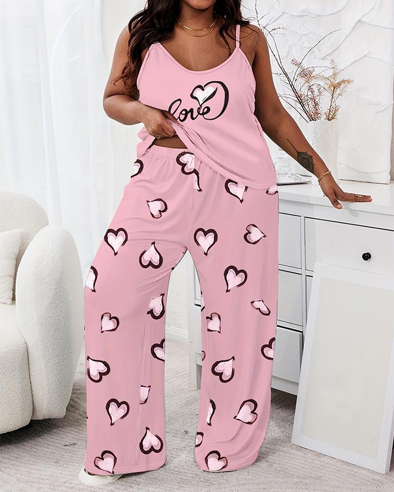 

Plus Size Love Heart Print Spaghetti Strap Pajamas Set, Pink
