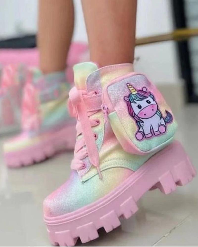 

Cartoon Pocket Pattern Lace-up Ankle Boots, Multicolor
