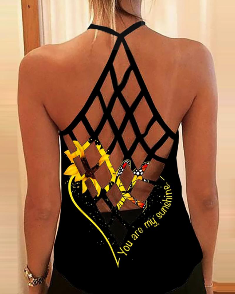 

Butterfly Sunflower Print Backless Tank Top, Black