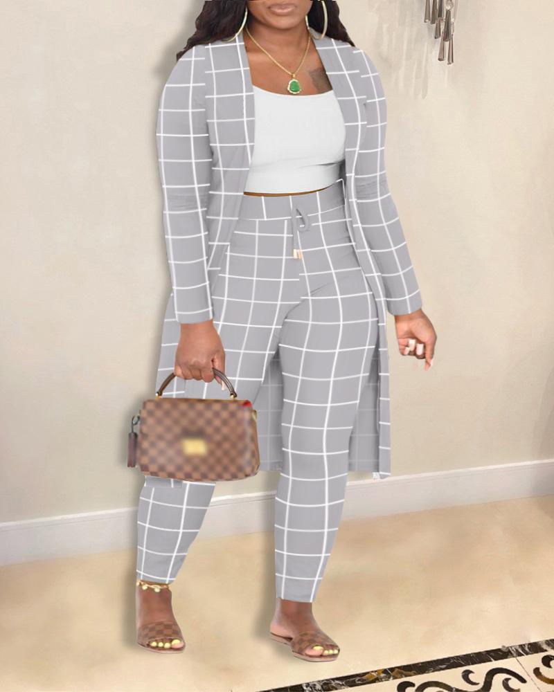 

Plus Size 3PCS Cami Top & Plaid Print Pants Set With Coat, Gray