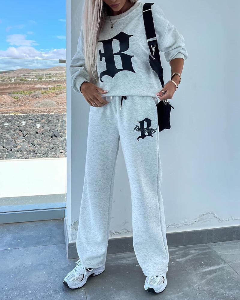 

Letter B Print Sweatshirt & Sweatpants Set, Light gray