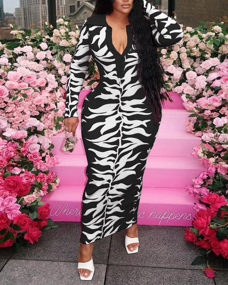 

Plus Size Plants Print Long Sleeve Casual Dress, Black