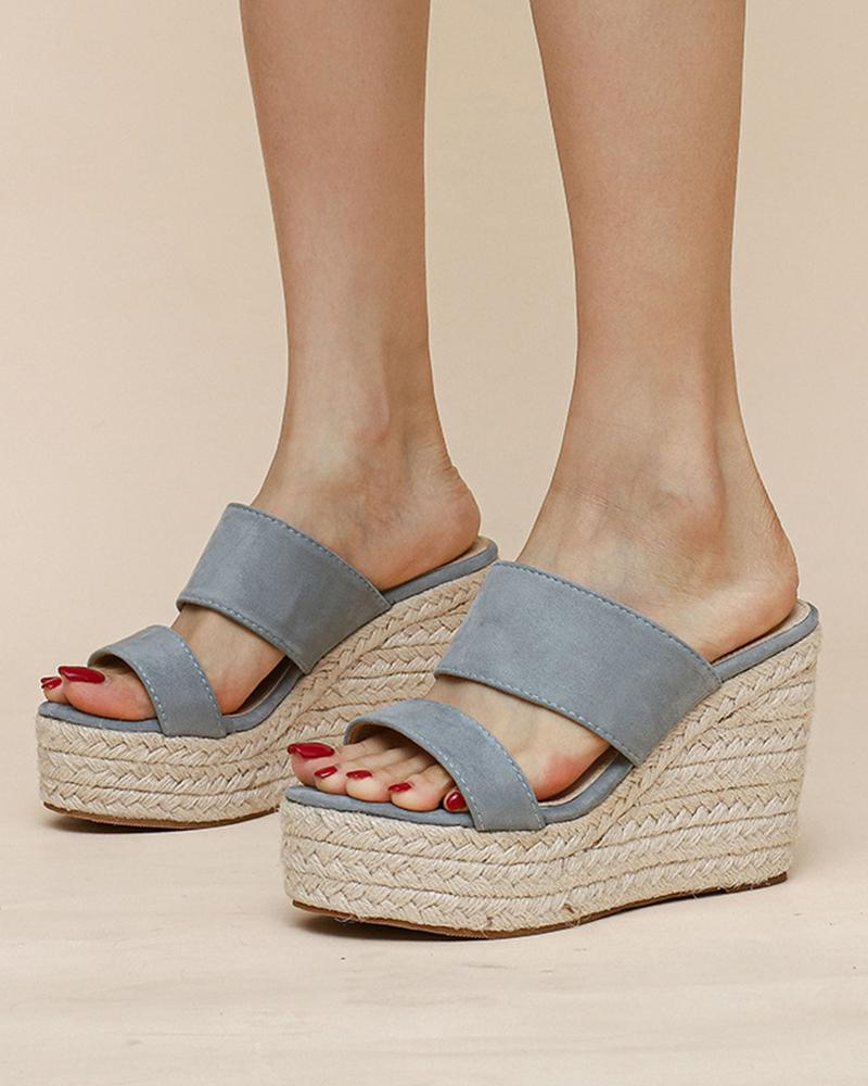 

Round-toe Double Strap Suede Leather Wedge Shoes, Blue