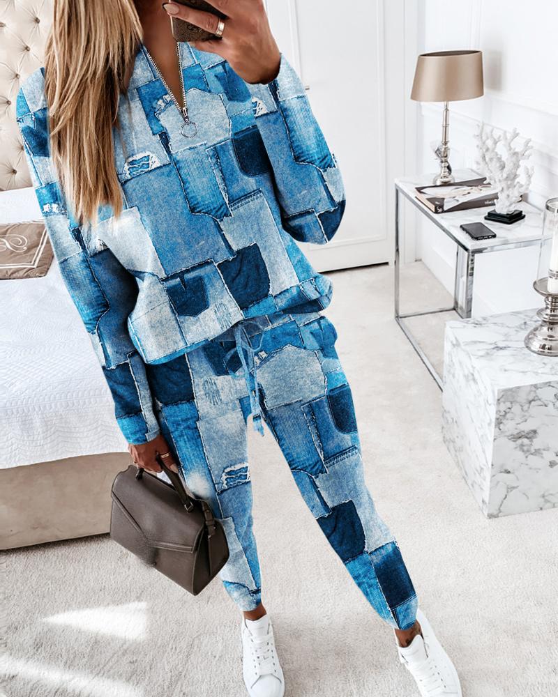 

Denim Look Print Long Sleeve Top & Pants Set, Blue