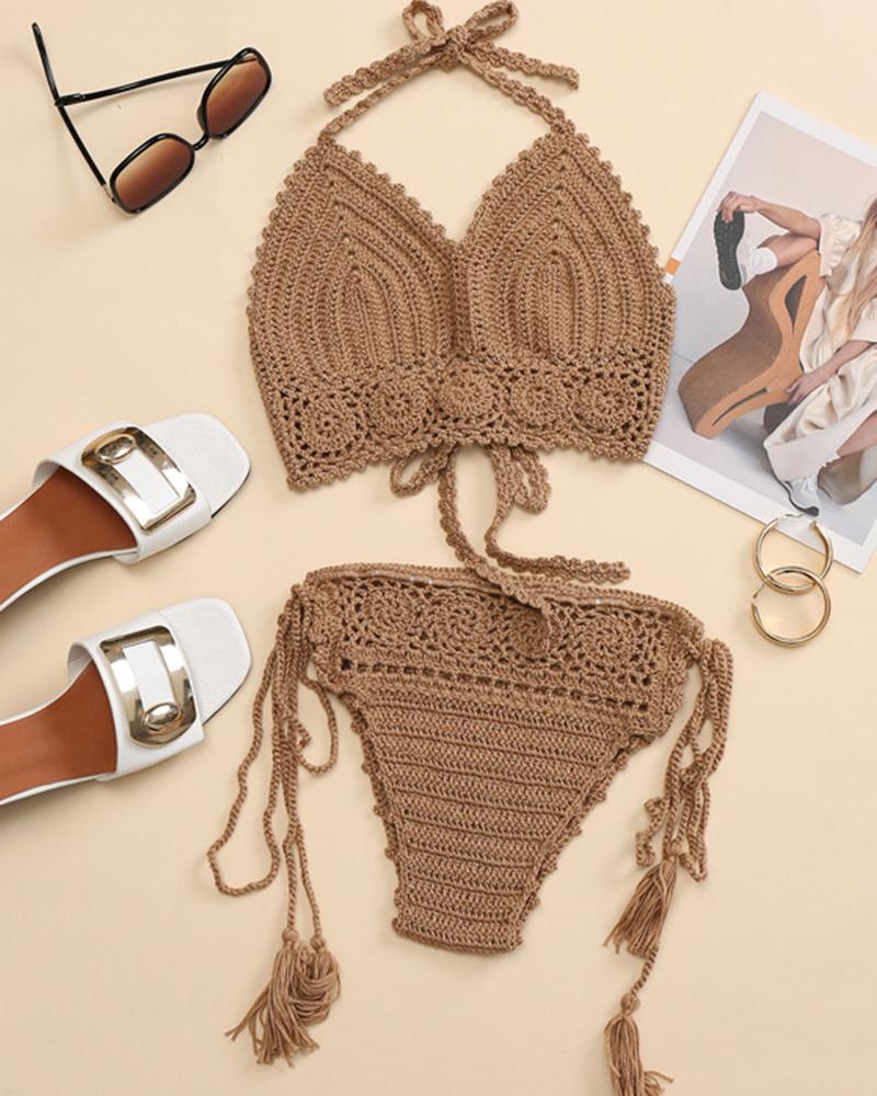 

Hollow Out Halter Tied Detail Crochet Bikini Set, Khaki