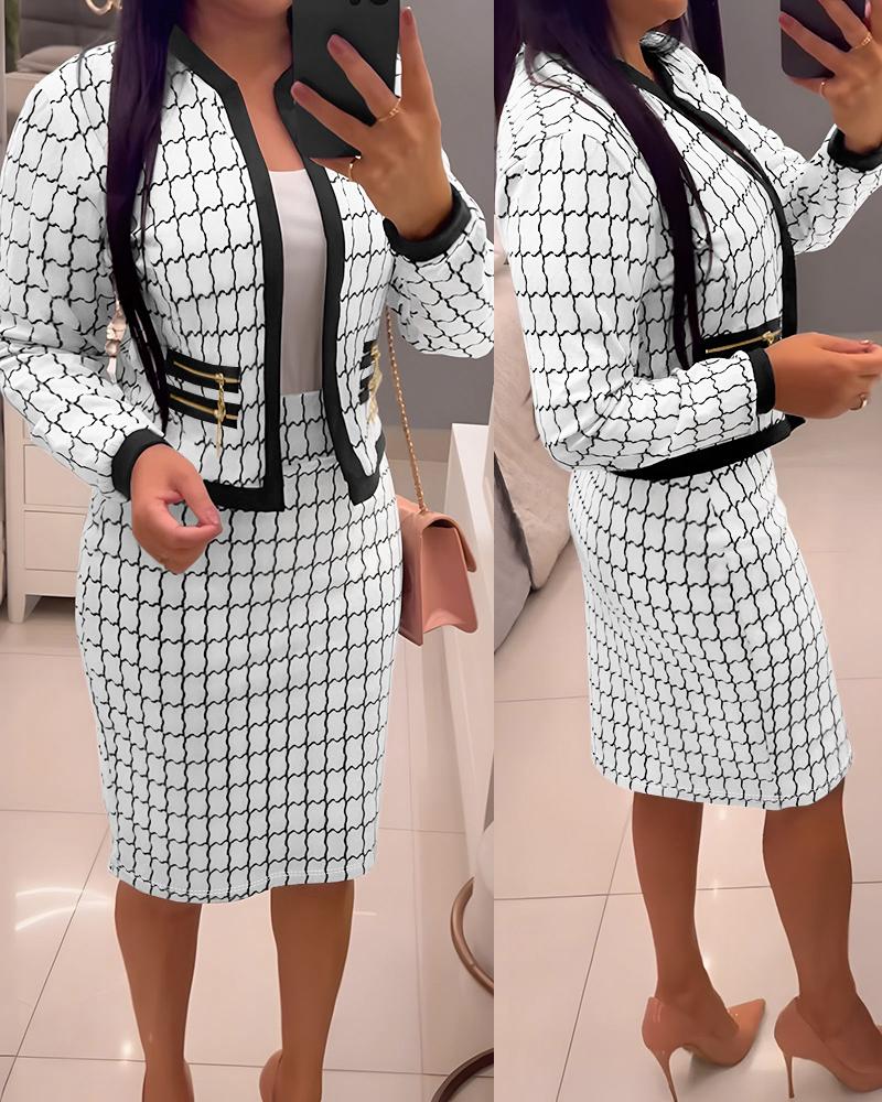 

2 Pieces Outfit Plaid Print Open Front Contrast Paneled Multi-Zipper Decor Crop Coat and High Waist Slim Fit Skirt Set, White