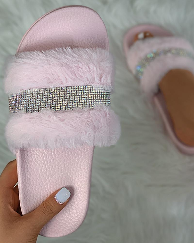 

Rhinestone Fluffy Open Toe Slippers, Pink