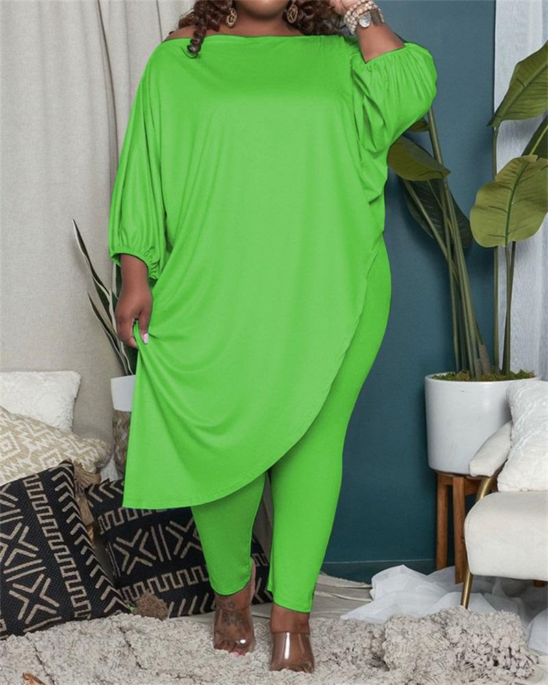 

Plus Size Asymmetrical Top & Pants Set, Green