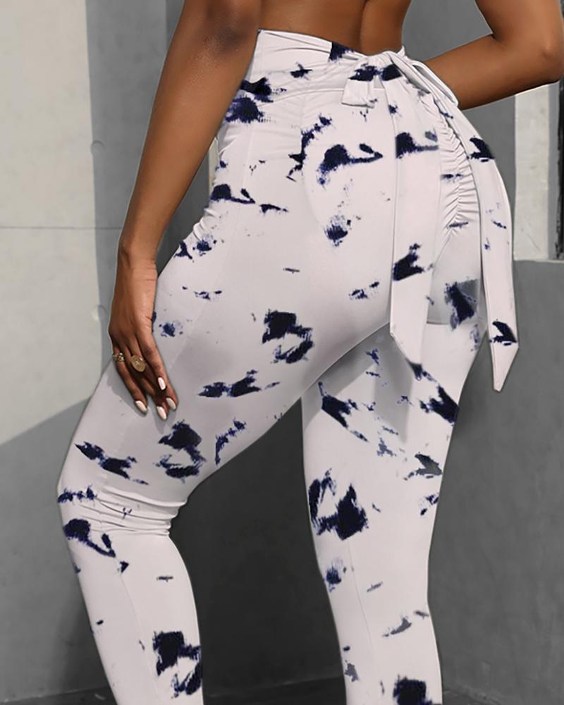 

High Waist Tie Dye Print Bowknot Workout Butt Lifting Scrunch Booty Leggings, White