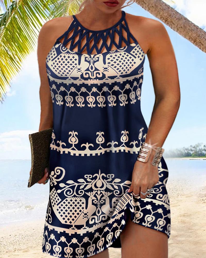 

Plus Size Baroque Print Hollow Out Casual Dress, Purplish blue