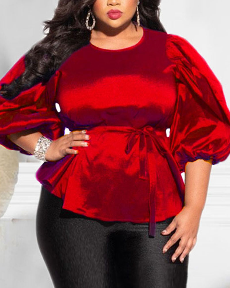 

Plus Size Tied Detail Puff Lantern Sleeve Top, Red